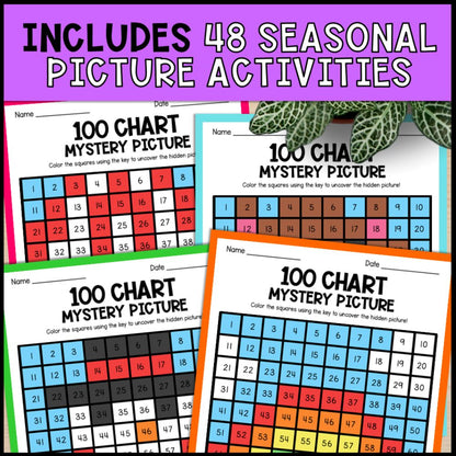 4 seasons theme - hundreds chart mystery pictures bundle 48 seasonal picture activities