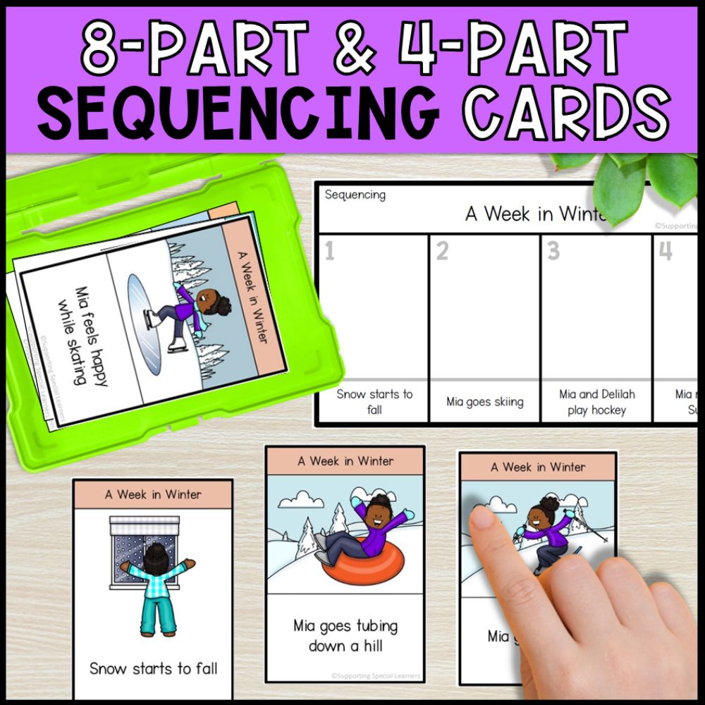 adapted books with reading comprehension for special educ 8 part and 4 part sequencing cards