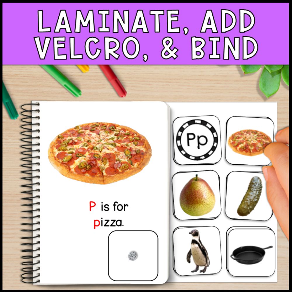 alphabet adapted books using real pictures - special education laminate, add velcro and bind