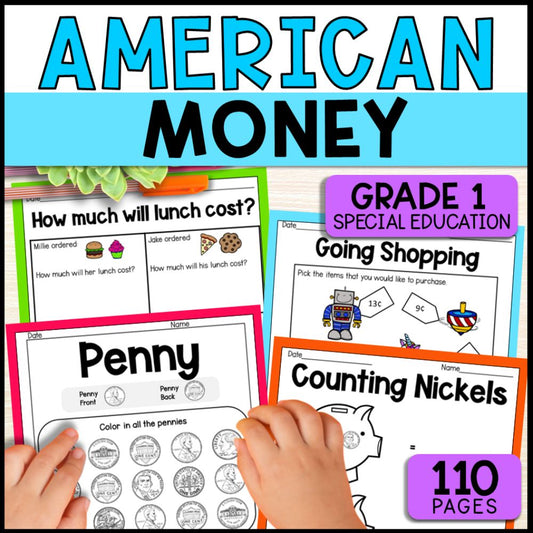 American Money Grade 1 Unit - Worksheets, Task Cards, Posters & Games