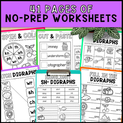 Beginning Digraphs – Adapted Books, No-Prep Worksheets, Task Cards