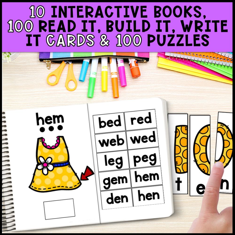 cvc words bundle interactive books, cards and puzzles