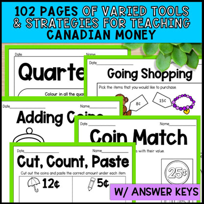 Canadian Money Grade 1 Unit - Worksheets, Task Cards, Posters, Games