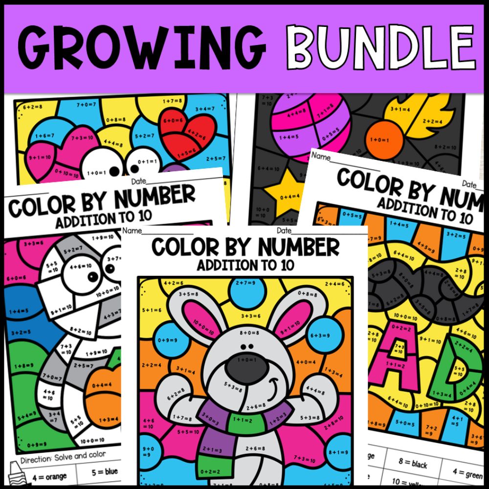 Color by Number Addition Within 10 Growing Bundle