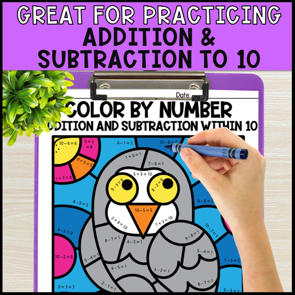 color by number addition and subtraction within 10 - arctic animals