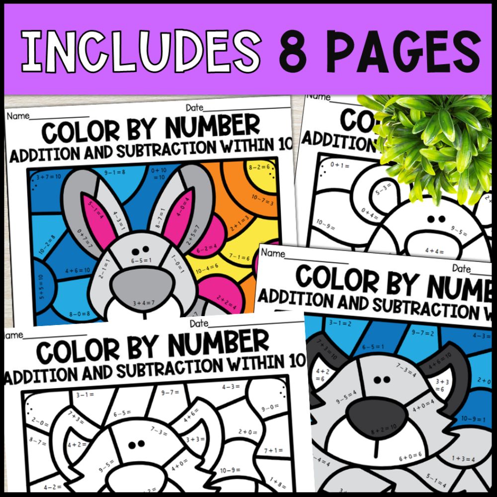 color by number addition and subtraction within 10 - arctic animals 8 pages