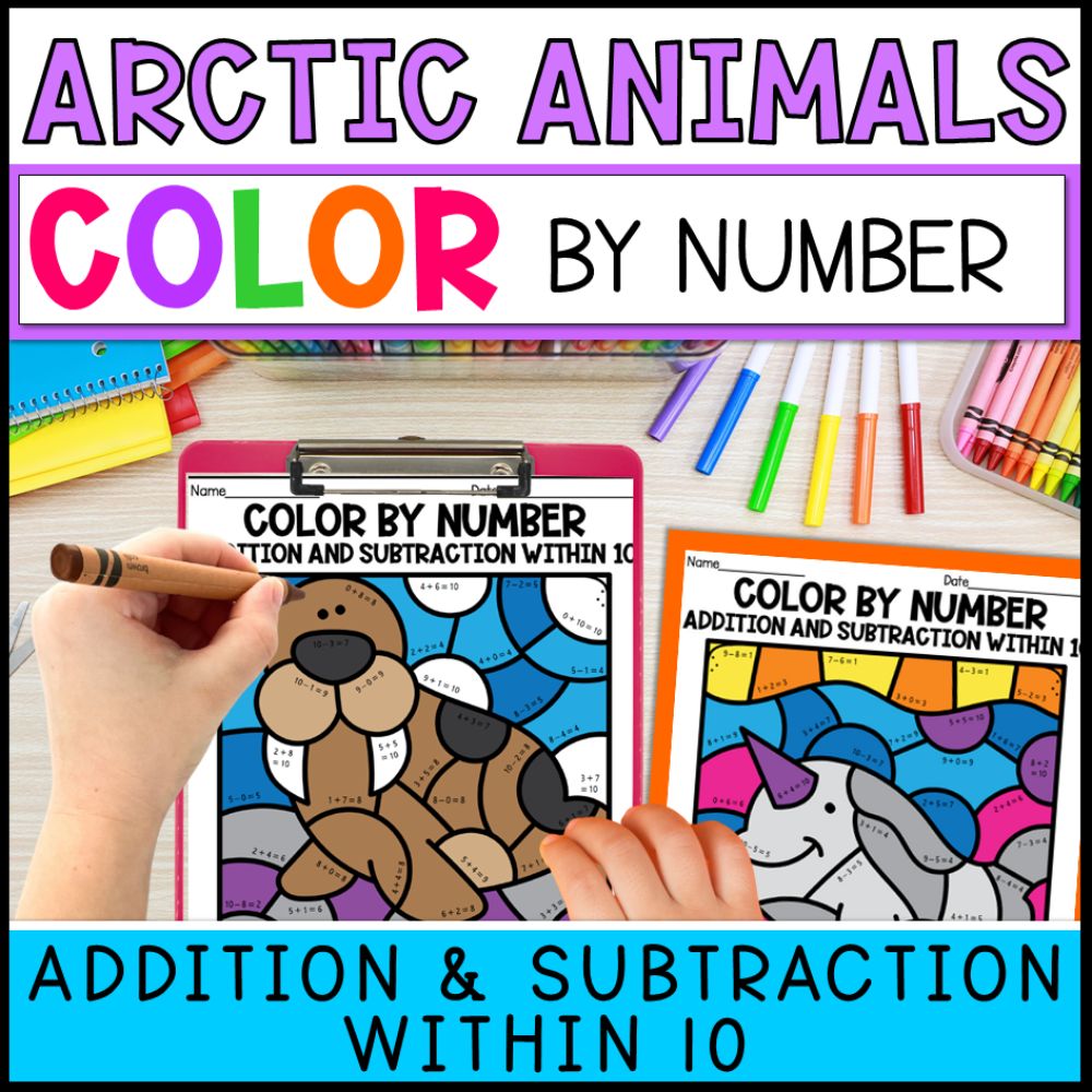 color by number addition and subtraction within 10 - arctic animals cover