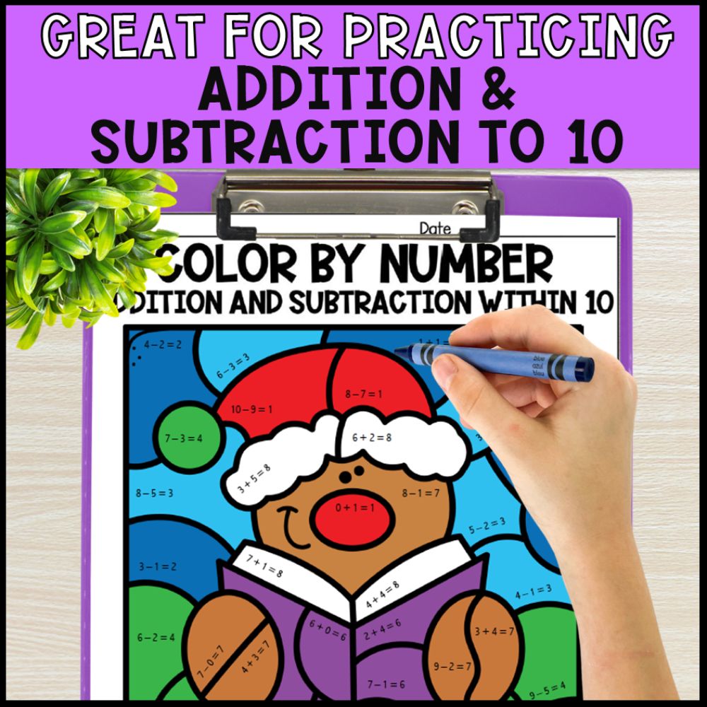 color by number addition and subtraction within 10 - christmas