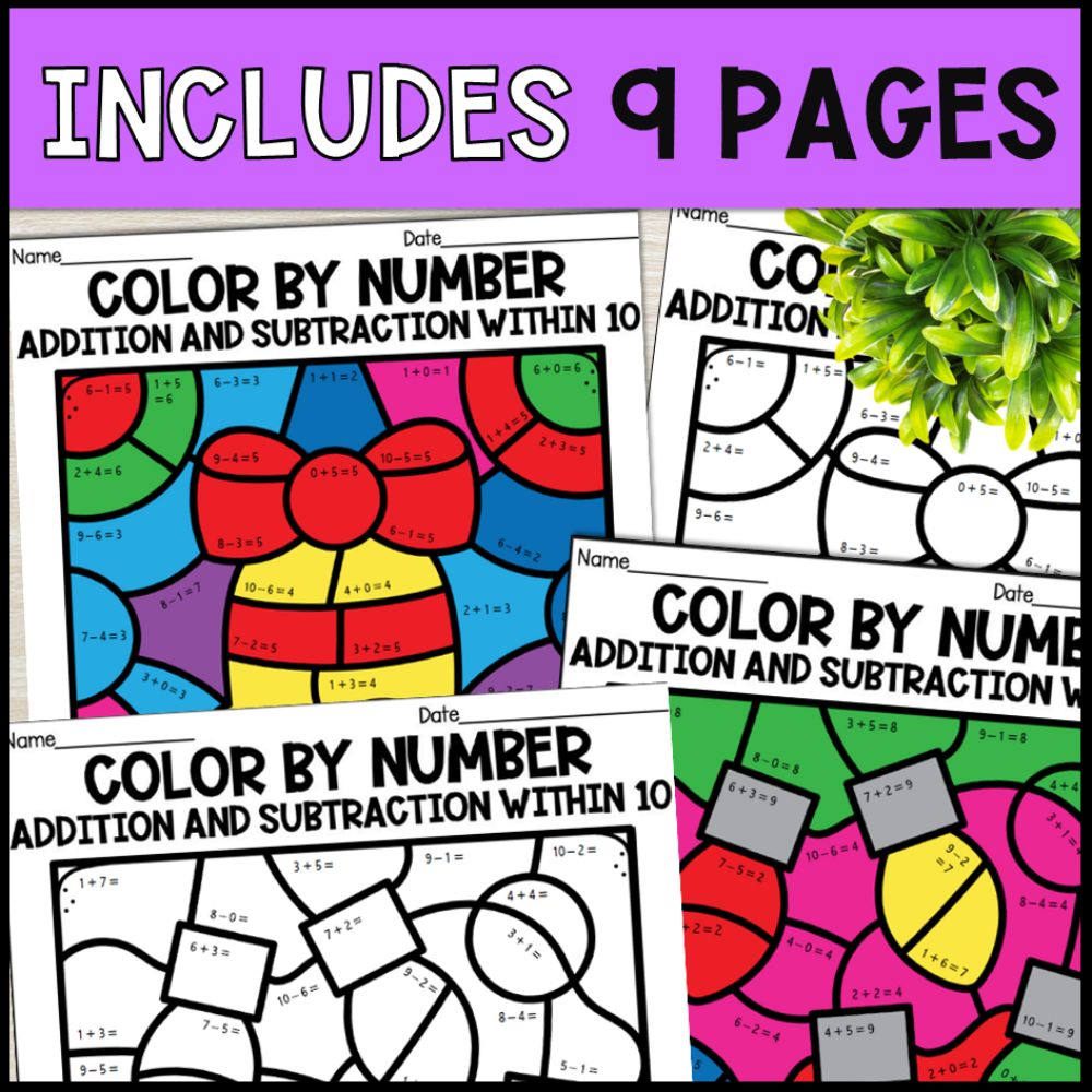 color by number addition and subtraction within 10 - christmas 9 pages