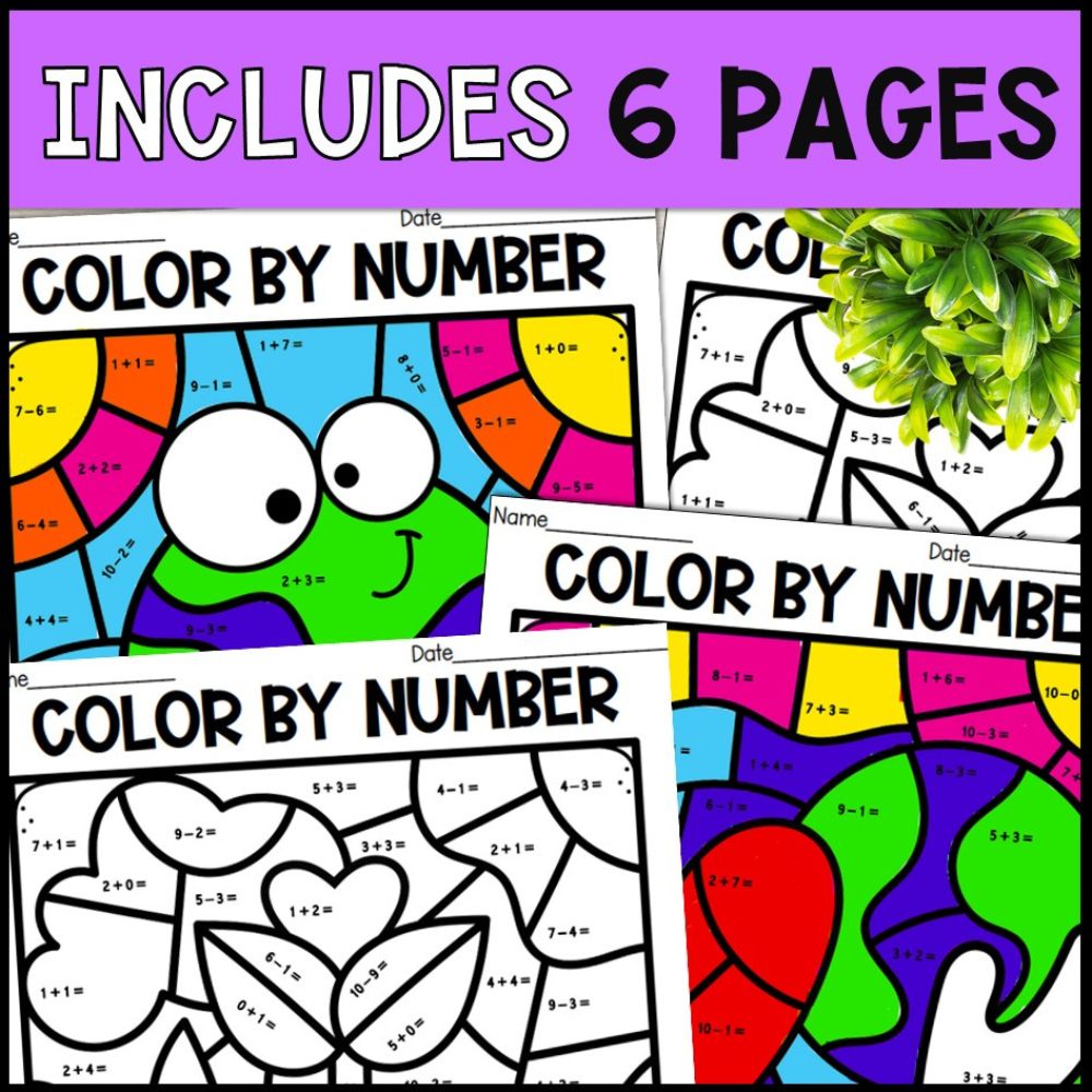 color by number addition and subtraction within 10 - earth day 6 pages