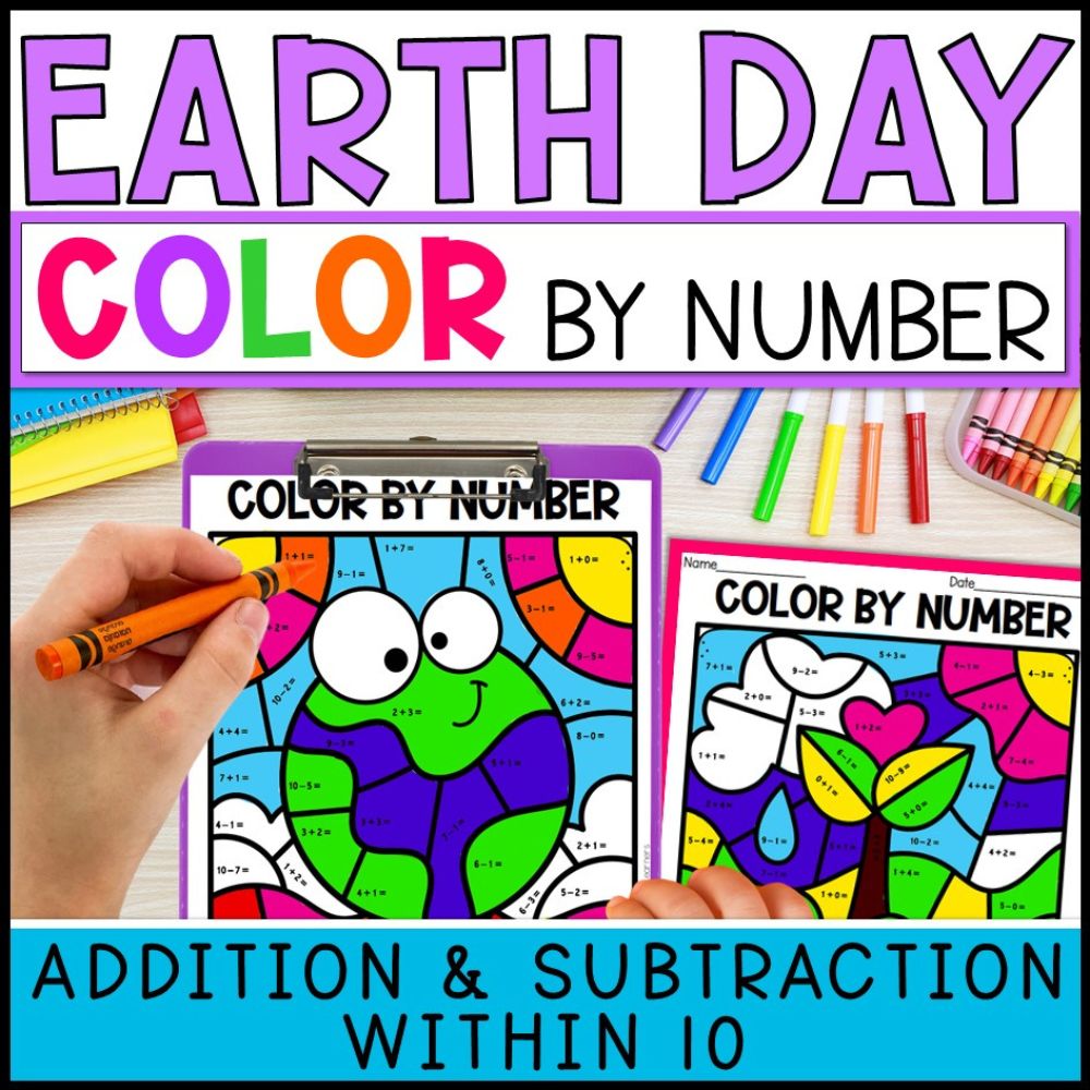 color by number addition and subtraction within 10 - earth day cover