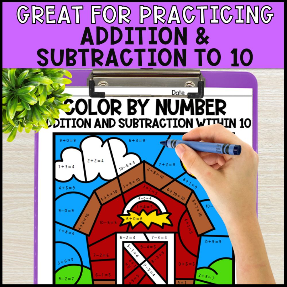 color by number addition and subtraction within 10 - farm