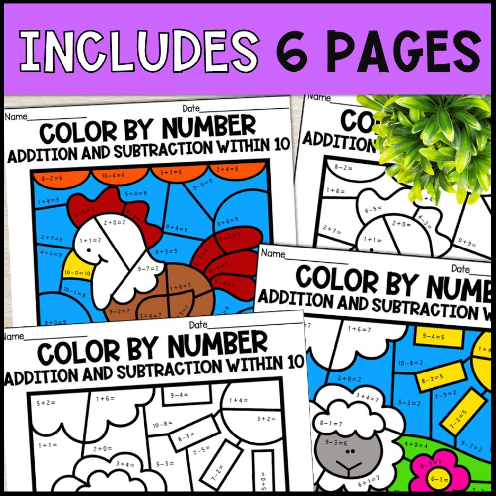 color by number addition and subtraction within 10 - farm 6 pages