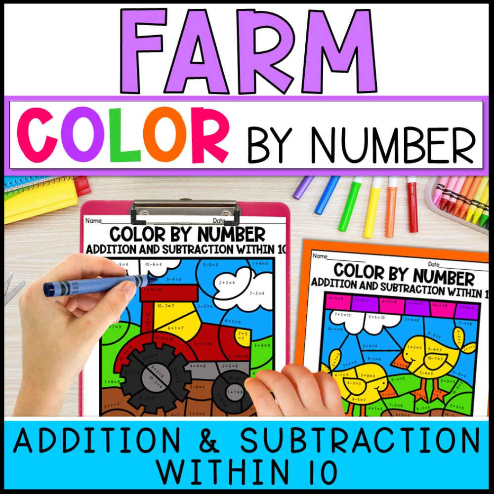 color by number addition and subtraction within 10 - farm cover