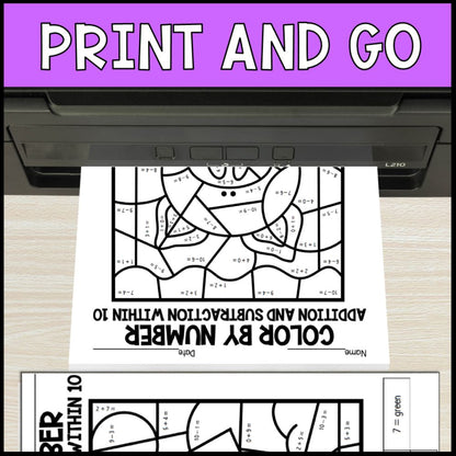 color by number addition and subtraction within 10 - farm no prep
