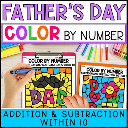 Color by Number Addition and Subtraction Within 10 - Father's Day