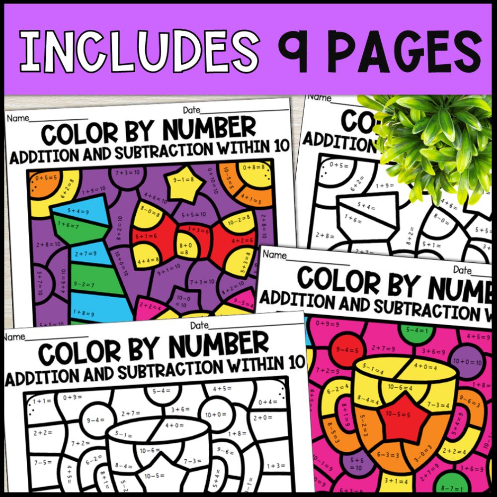 color by number addition and subtraction within 10 - fathers day 9 pages