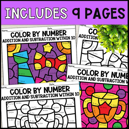 color by number addition and subtraction within 10 - fathers day 9 pages