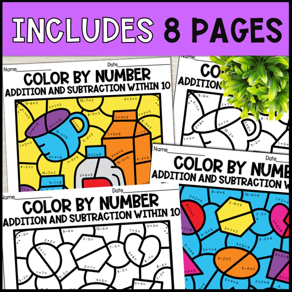 color by number addition and subtraction within 10 - math 8 pages