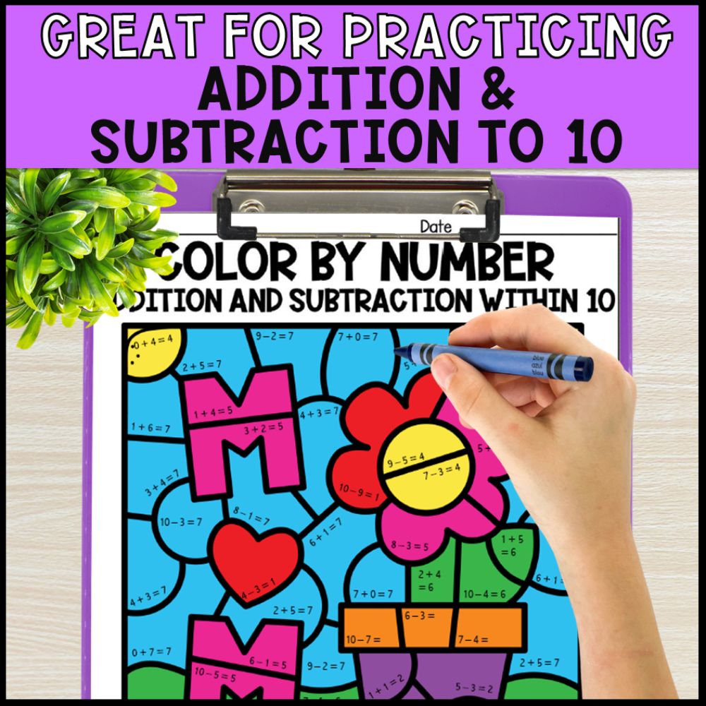 color by number addition and subtraction within 10 - mothers day