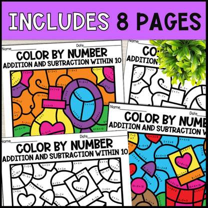 color by number addition and subtraction within 10 - mothers day 8 pages