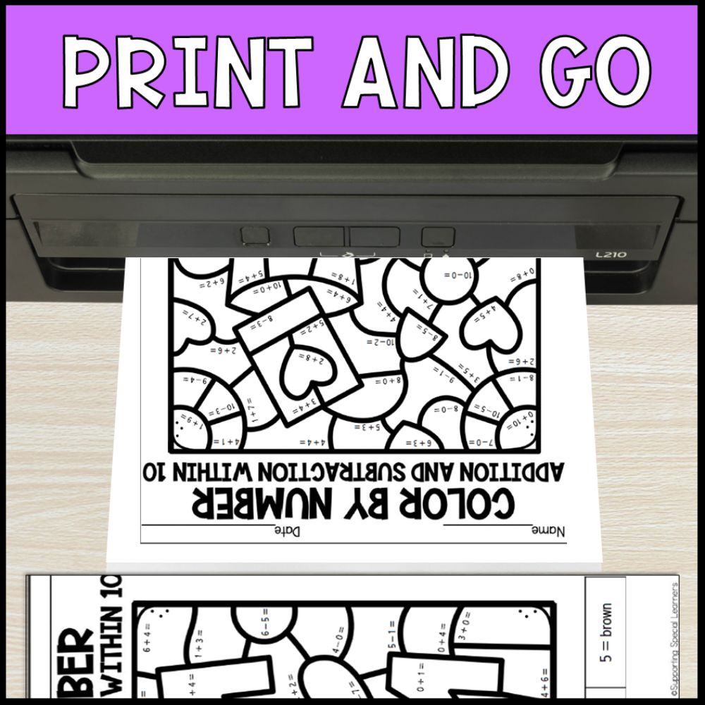 color by number addition and subtraction within 10 - mothers day