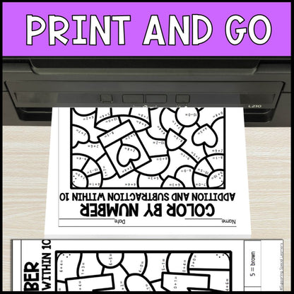 color by number addition and subtraction within 10 - mothers day
