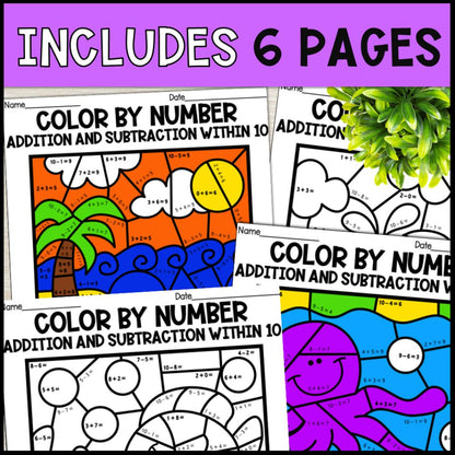 color by number addition and subtraction within 10 - ocean theme 6 pages