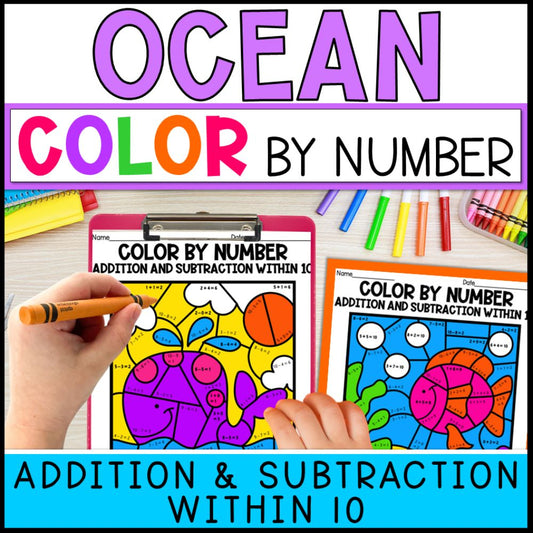 color by number addition and subtraction within 10 - ocean theme cover