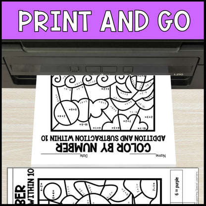 color by number addition and subtraction within 10 - ocean theme no prep