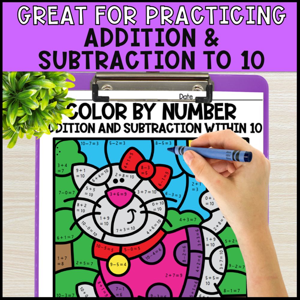 color by number addition and subtraction within 10 - pets