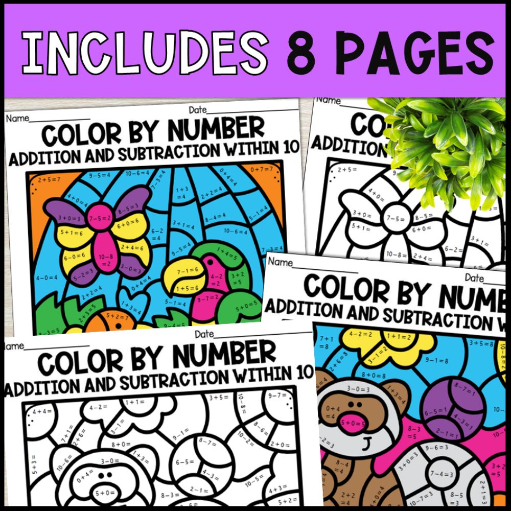 color by number addition and subtraction within 10 - pets 8 pages