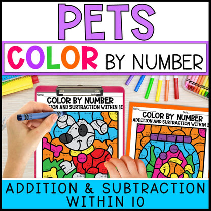 color by number addition and subtraction within 10 - pets cover