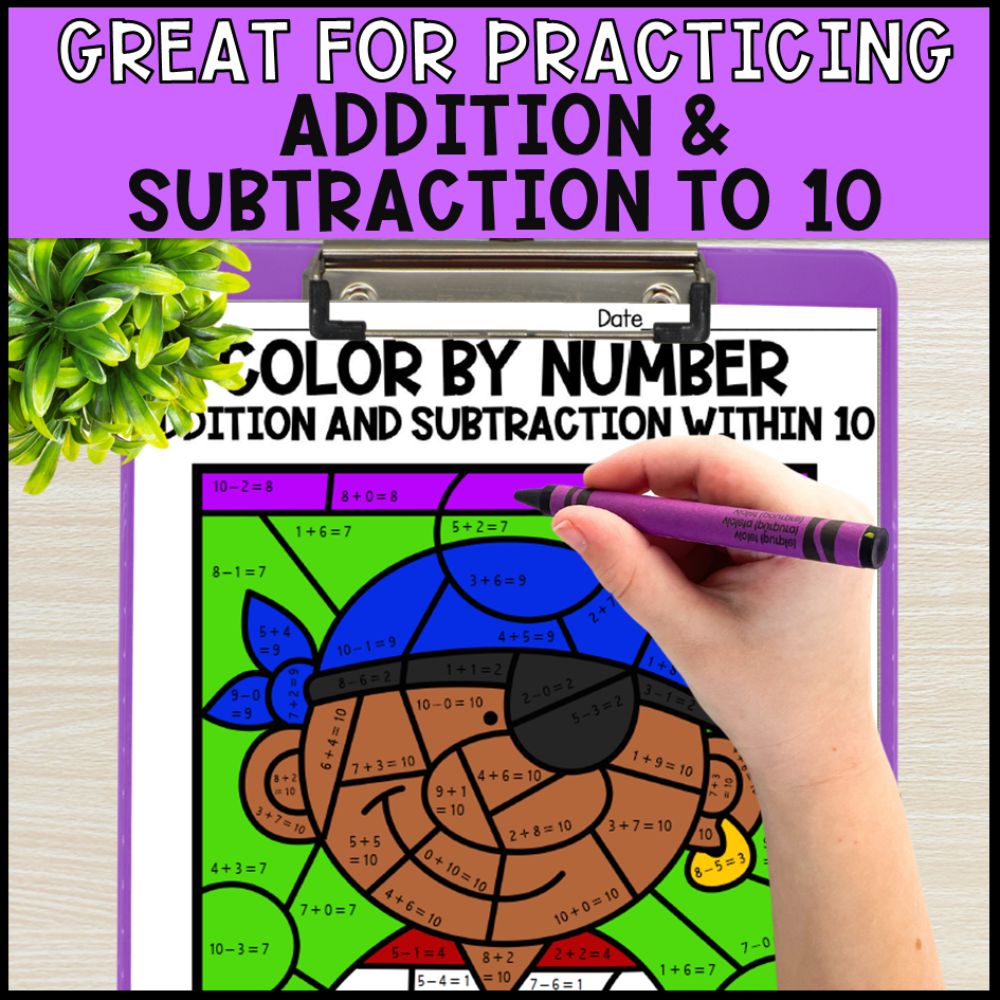 color by number addition and subtraction within 10 - pirate