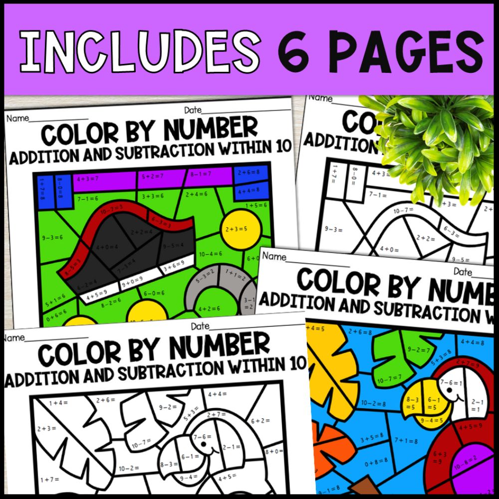 color by number addition and subtraction within 10 - pirate 6 pages