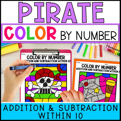 color by number addition and subtraction within 10 - pirate cover