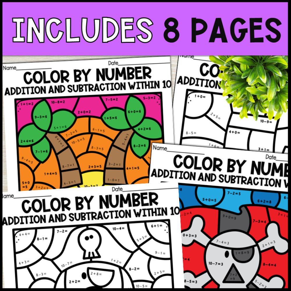 color by number addition and subtraction within 10 - pirate theme 8 pages