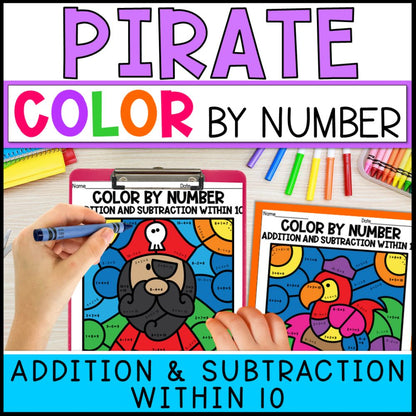 color by number addition and subtraction within 10 - pirate theme cover