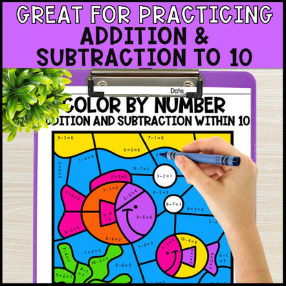 color by number addition and subtraction within 10 - pond