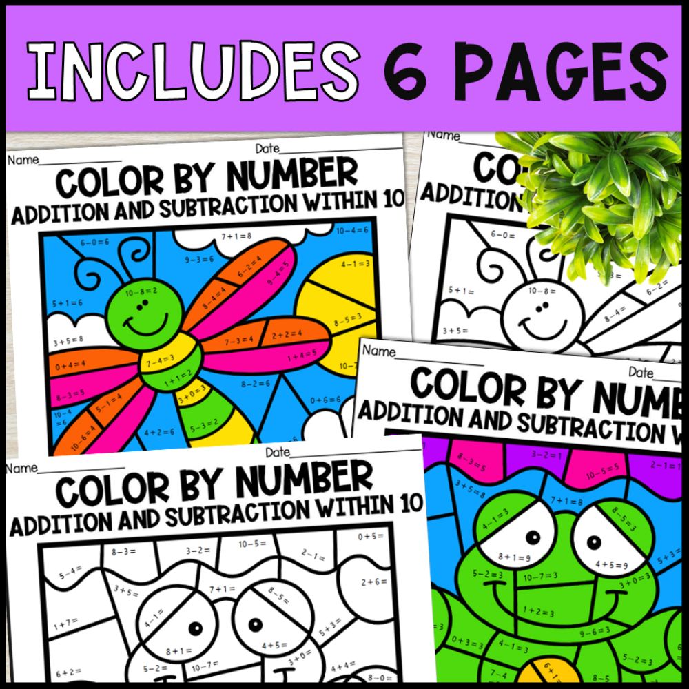 color by number addition and subtraction within 10 - pond 6 pages