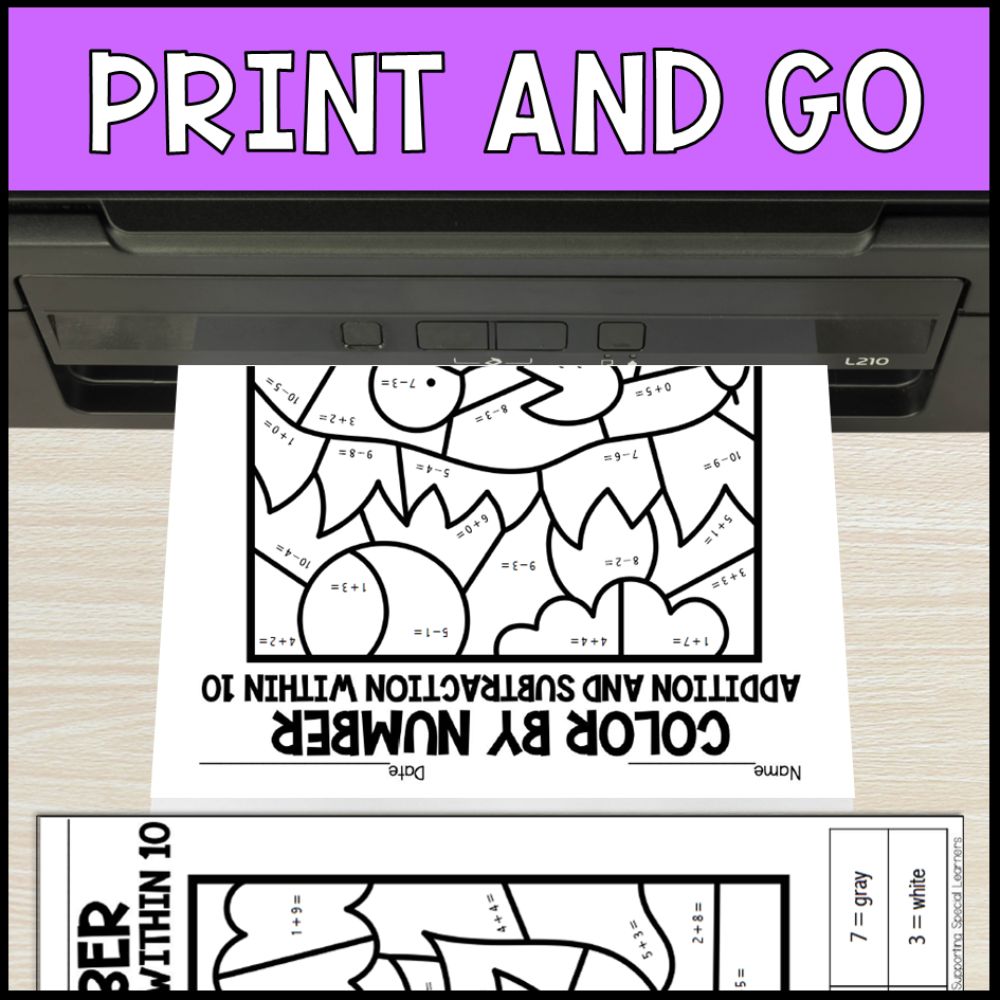 color by number addition and subtraction within 10 - pond no prep