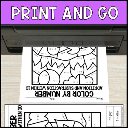 color by number addition and subtraction within 10 - pond no prep