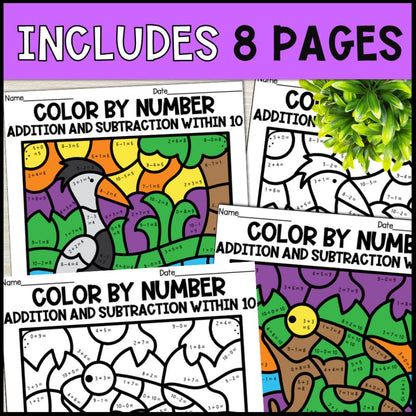 color by number addition and subtraction within 10 - pond theme 8 pages