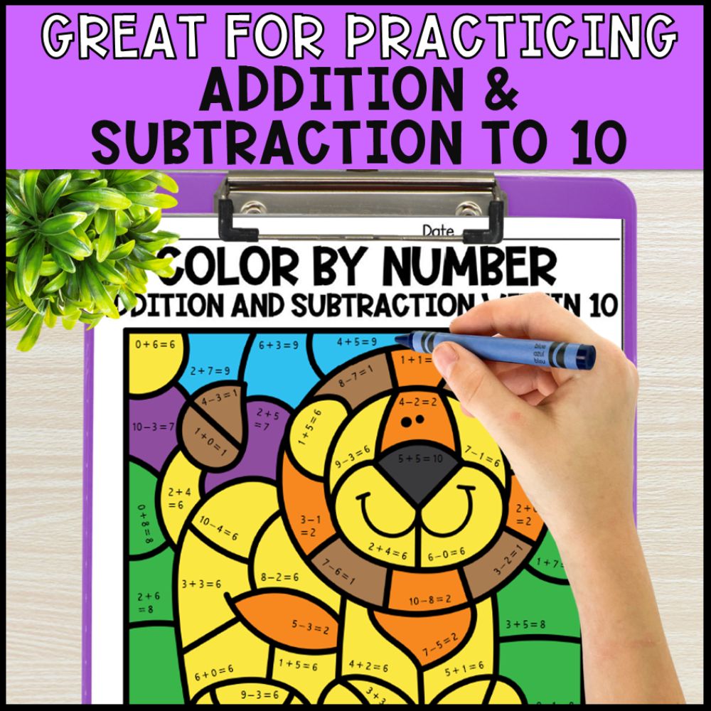 color by number addition and subtraction within 10 - safari