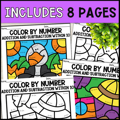 color by number addition and subtraction within 10 - safari 8 pages