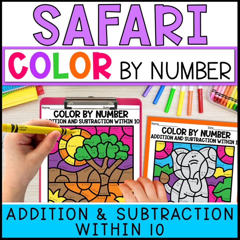 color by number addition and subtraction within 10 - safari cover