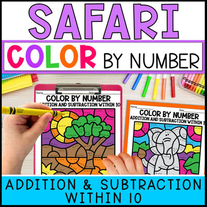 color by number addition and subtraction within 10 - safari cover