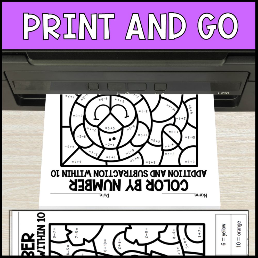 color by number addition and subtraction within 10 - safari no prep