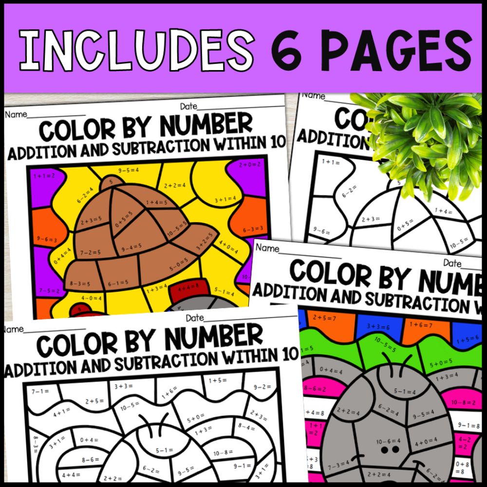 color by number addition and subtraction within 10 - safari theme 6 pages