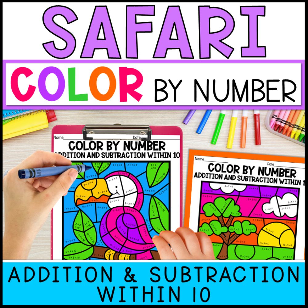 color by number addition and subtraction within 10 - safari theme cover